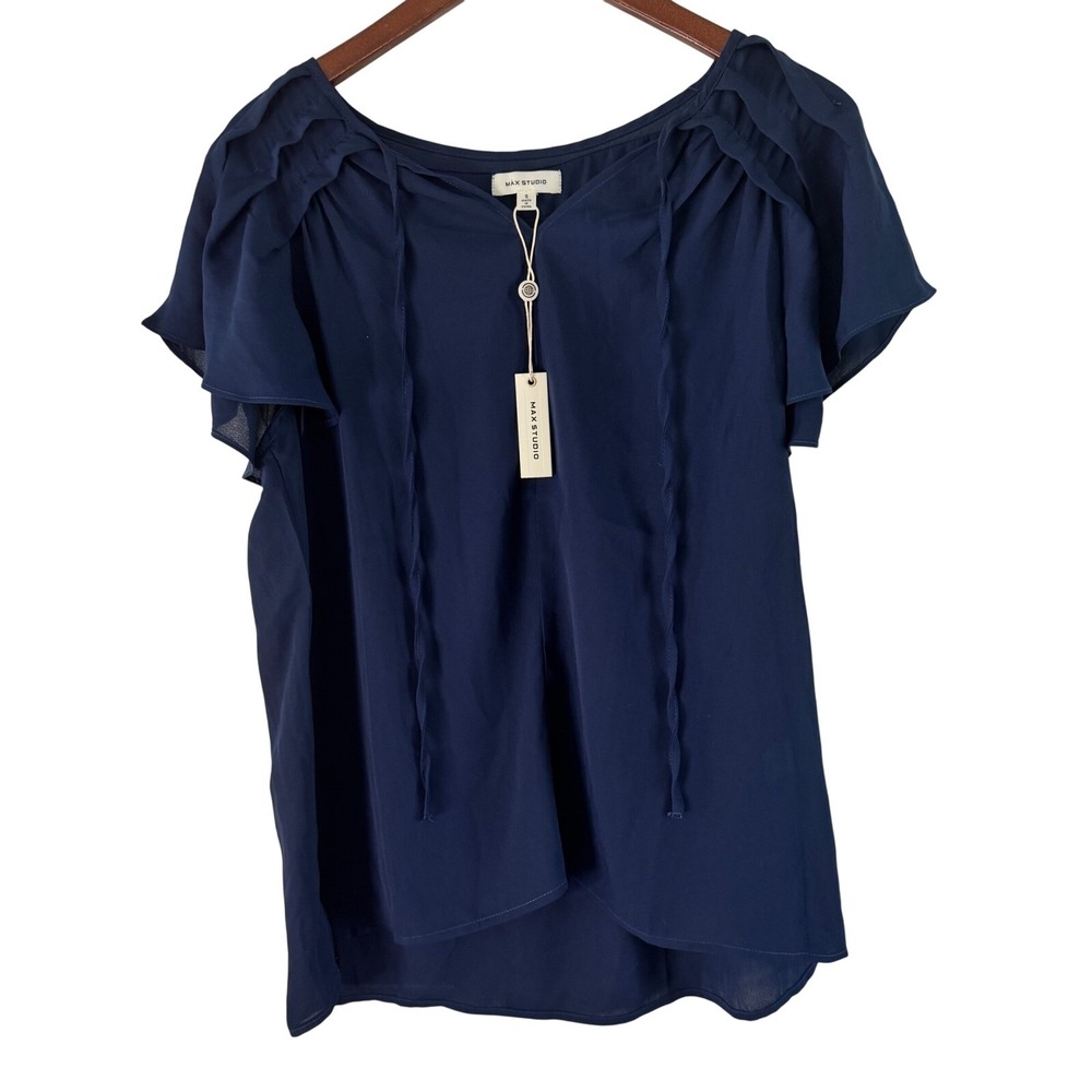 Max Studio Navy Blouse Ruffle Sleeve Tie Neck‎ Top Womens Size S  MSRP $98.99